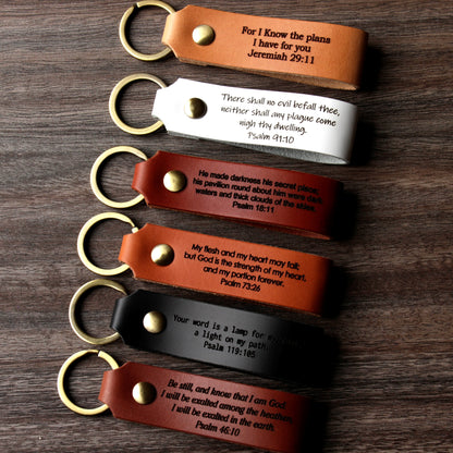 Personalized full-grain leather keychain made in USA laser engraved with Psalm 91 scripture verse and solid screw hardware ring.