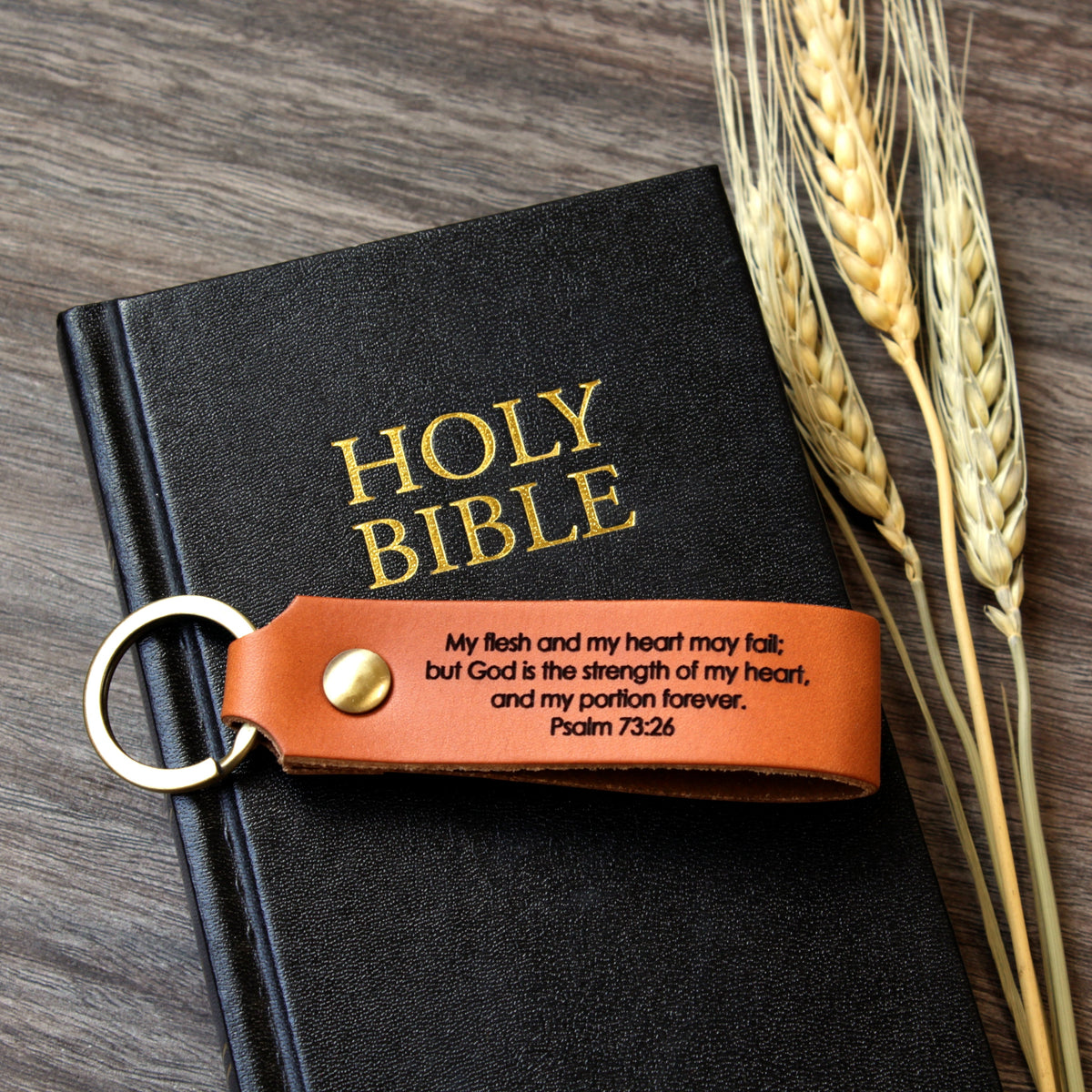 Personalized full-grain leather keychain made in USA laser engraved with Psalm 91 scripture verse and solid screw hardware ring.