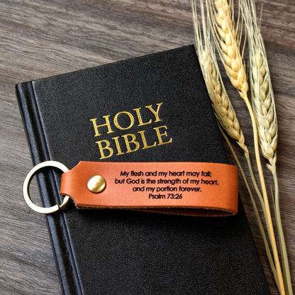 Personalized full-grain leather keychain made in USA laser engraved with Psalm 91 scripture verse and solid screw hardware ring.