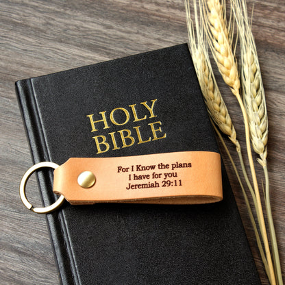 Personalized full-grain leather keychain made in USA laser engraved with Psalm 91 scripture verse and solid screw hardware ring.