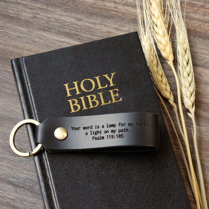 Personalized full-grain leather keychain made in USA laser engraved with Psalm 91 scripture verse and solid screw hardware ring.