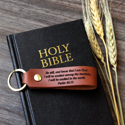 Personalized full-grain leather keychain made in USA laser engraved with Psalm 91 scripture verse and solid screw hardware ring.