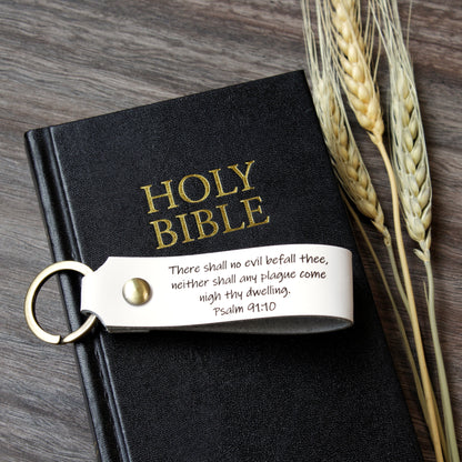 Personalized full-grain leather keychain made in USA laser engraved with Psalm 91 scripture verse and solid screw hardware ring.