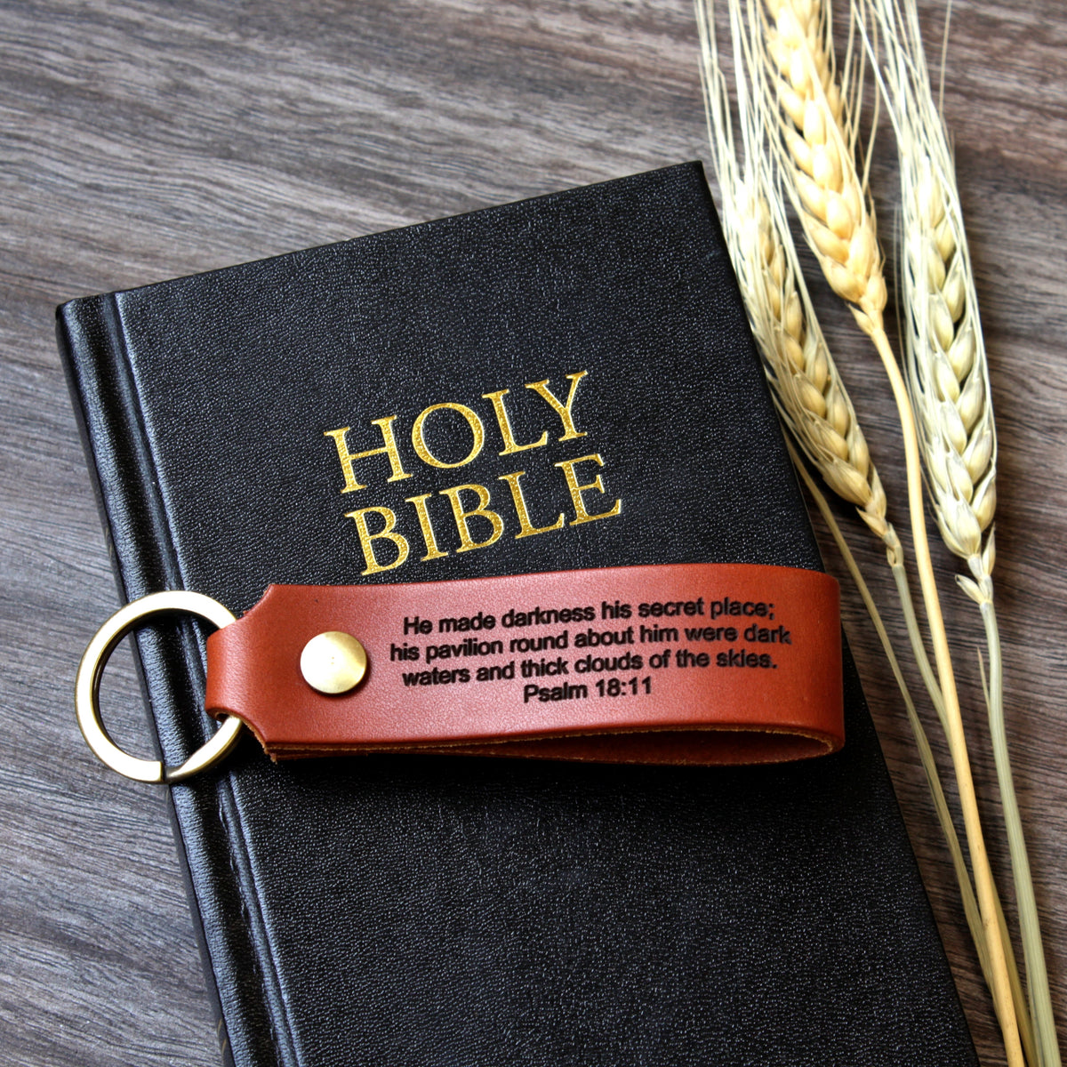 Personalized full-grain leather keychain made in USA laser engraved with Psalm 91 scripture verse and solid screw hardware ring.