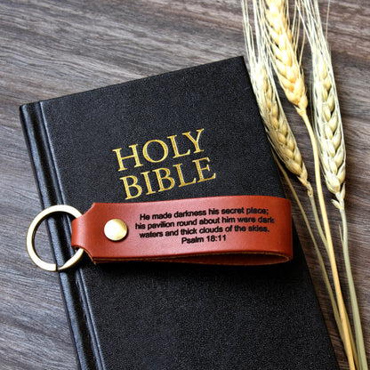 Personalized full-grain leather keychain made in USA laser engraved with Psalm 91 scripture verse and solid screw hardware ring.