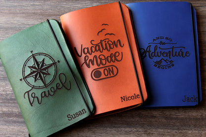 Personalized brown full-grain leather passport cover with laser engraved Vacation Mode On design, elastic band closure, and custom name Nicole engraved at bottom corner.
