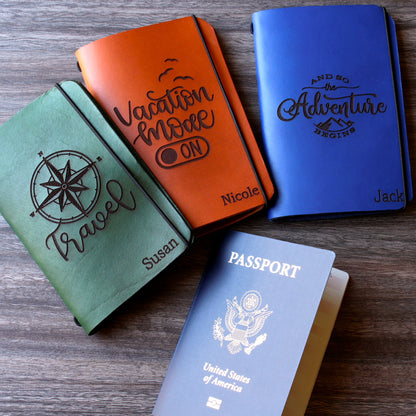 Personalized brown full-grain leather passport cover with laser engraved Vacation Mode On design, elastic band closure, and custom name Nicole engraved at bottom corner.